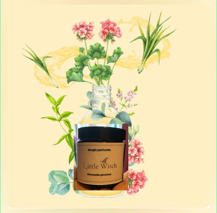 Bougie parfumée : citronnelle géranium ( anti moustique )